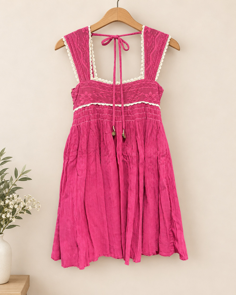 New Free People Coral Lace Trim Boho Mini Dress Large L $148